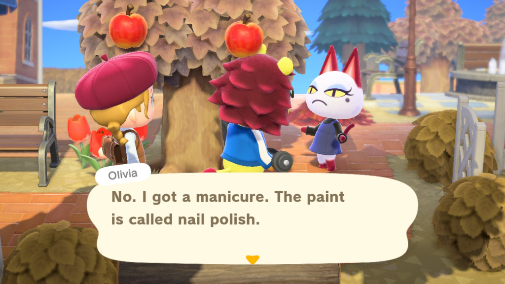Olivia and Mott discussing manicures out the front of Lunamori's Resident Services.